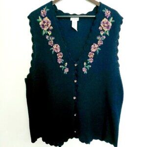 Napa Studio 1X Navy Blue Floral V-neck Button Front Knit Embroidered Vest